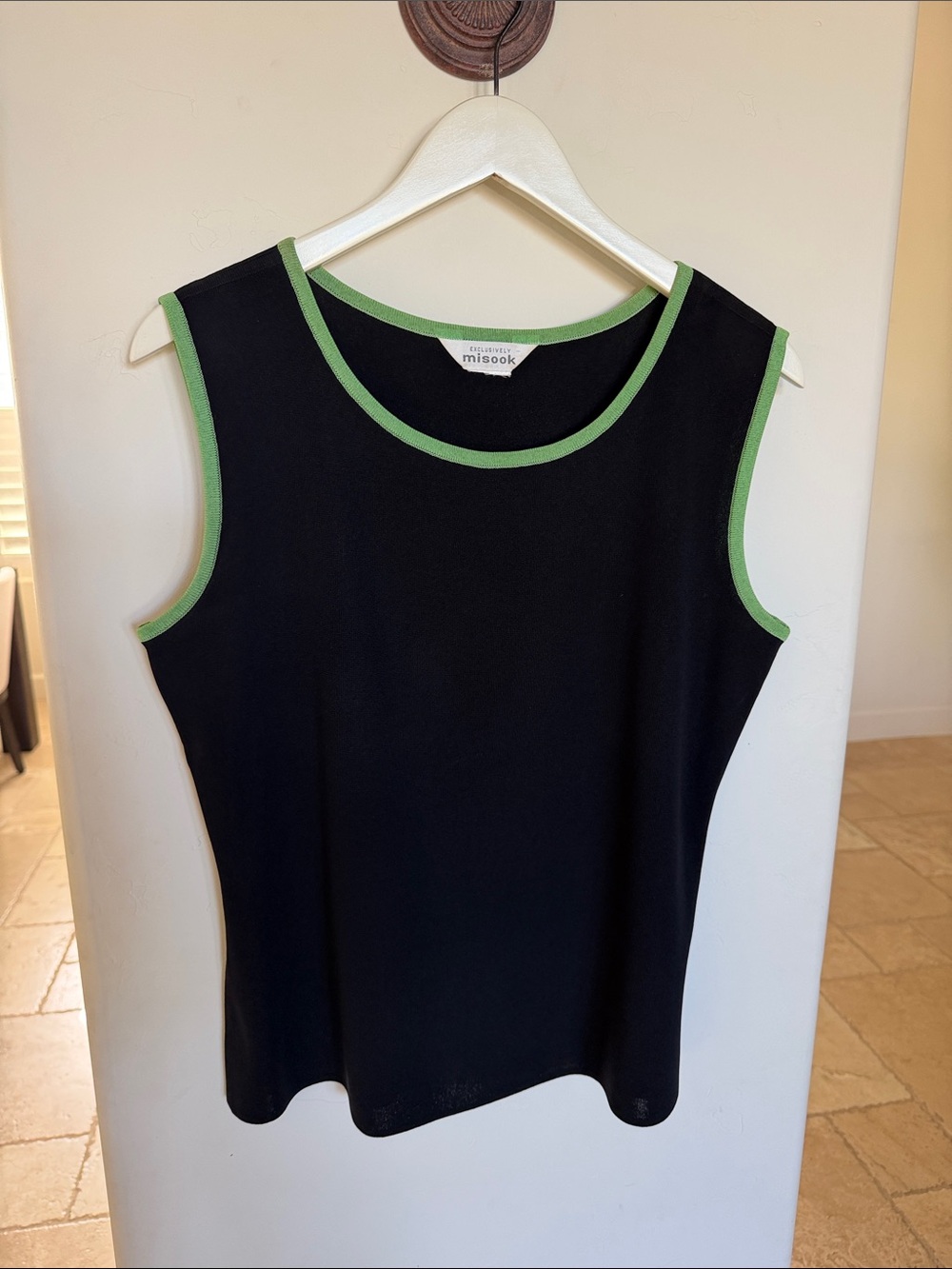 Misook Black knit Tank Top with Green Trim